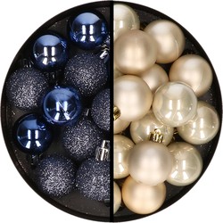36x stuks kunststof kerstballen donkerblauw en champagne 3 en 4 cm - Kerstbal