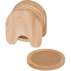 Set van 5x glazenonderzetters hout in houder 10 cm - Glazenonderzetters