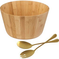Salade schaal met sla couvert - bamboe hout - lichtbruin - serveerschaal - D30 x H16 cm - Serveerschalen