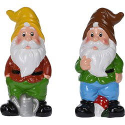 Tuinkabouters - 2x - polystone - 20 cm - bruine/gele muts - Tuinbeelden