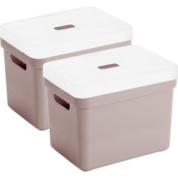 Set van 2x opbergboxen/opbergmanden roze van 18 liter kunststof met transparante deksel - Opbergbox