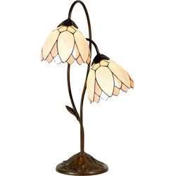 LumiLamp Tiffany Tafellamp  Ø 33x61 cm Beige Bruin Glas Bloemen Tiffany Bureaulamp