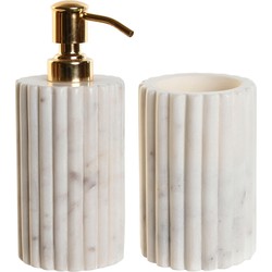 Badkamer set Marble Zeeppompje en Beker - Wit / Goud