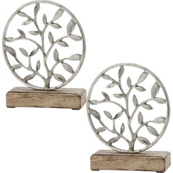 2x Stuks decoratie levensboom rond van aluminium op houten voet 20 cm zilver - Beeldjes