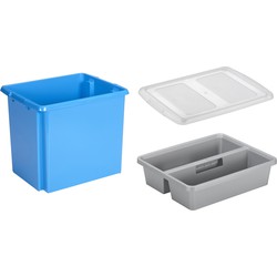 Sunware opslagbox kunststof 45 liter blauw 45 x 36 x 36 cm met deksel en organiser tray - Opbergbox