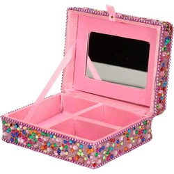 Sieradenkistje met glitters - 8 x 10 x 4 cm - Roze - Juwelenkistje met spiegel - 3-vaks - meisjes - Sieradendozen
