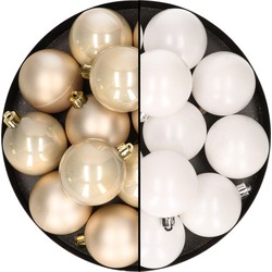 24x stuks kunststof kerstballen mix van champagne en wit 6 cm - Kerstbal