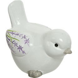 Decoratie dieren beeld vogel wit met lavendel bloemen met staart omhoog 9 cm - Tuinbeelden