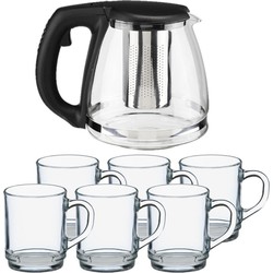 Glazen theepot met filter/infuser van 1,2 liter met 6x stuks theeglazen van 260 ml - Theepotten