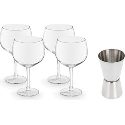 4x Gin Tonic / cocktail glazen transparant 650 ml met RVS maatbeker / barmaatje - Cocktailglazen