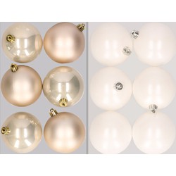 12x stuks kunststof kerstballen mix van champagne en winter wit 8 cm - Kerstbal