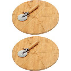 Kesper Pizza serveerplank met pizzasnijder - 2x - bamboe - 32cm - rond - Serveerplanken