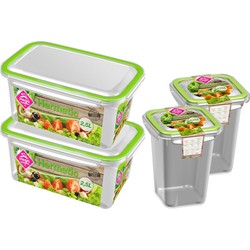 4x Voedsel plastic bewaarbakjes 0,75 en 2,5 liter transparant/groen - Vershoudbakjes