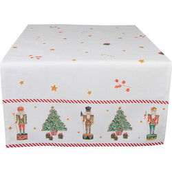 Clayre & Eef Tafelloper Kerst  50x140 cm Wit Rood Katoen Rechthoek Notenkrakers Tafelkleed