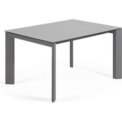 Kave Home - Axis uitschuifbare tafel in grijs glas en donkergrijze stalen poten, 140 (200) cm