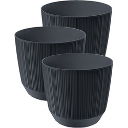 3x stuks moderne carf-stripe plantenpot/bloempot kunststof dia 19.5 cm/hoogte 17 cm antraciet grijs - Plantenpotten