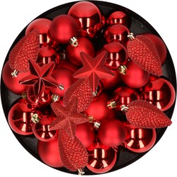 Kerstversiering kunststof kerstballen rood 6-8-10 cm pakket van 62x stuks - Kerstbal