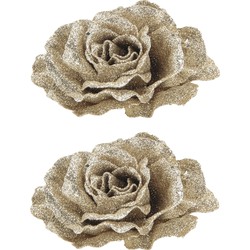 6x stuks decoratie bloemen roos champagne glitter op clip 10 cm - Kunstbloemen