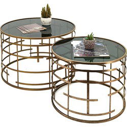 Clayre & Eef Bijzettafel Set van 2  Ø 75 / Ø 60 cm Goudkleurig Metaal Glas Rond Salontafel
