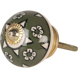 Clayre & Eef Deurknop  Ø 4x4 cm Groen Keramiek Rond Bloemen Meubelknop