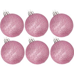 6x stuks kunststof glitter kerstballen roze 8 cm - Kerstbal