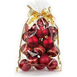 20x stuks kunststof kerstballen rood mix 6 cm in giftbag - Kerstbal