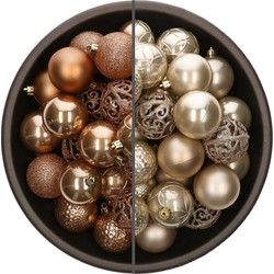 74x stuks kunststof kerstballen mix camel bruin en champagne 6 cm - Kerstbal