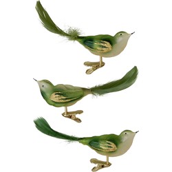 3x stuks luxe glazen decoratie vogels op clip groen 11 cm - Kersthangers