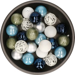 Kerstballen 37x stuks wit/groen/zilver/blauw kunststof 6cm - Kerstbal