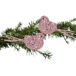 2x stuks decoratie vogels op clip glitter roze 12 cm - Kersthangers