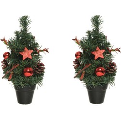 2x stuks compleet versierde miniboompjes rood 30 cm - Kunstkerstboom