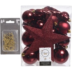 33x stuks kunststof kerstballen 5, 6 en 8 cm donkerrood inclusief ster piek en kerstbalhaakjes - Kerstbal