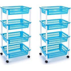 2x stuks lichtblauwe opberg trolley/roltafel met 4 manden 85 cm - Opbergmanden