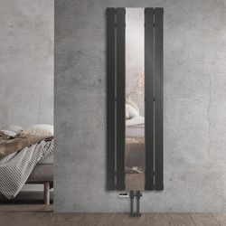 Badkamerradiator middenaansluiting met spiegel 450x1600 mm antraciet incl. vloeraansluitset met thermostaat LuxeBath