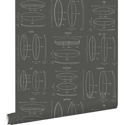 ESTAhome behang technische tekeningen van surfplanken donkergrijs - 0,53 x 10,05 m - 128872