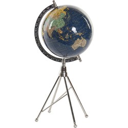 Decoratie wereldbol/globe donkerblauw op metalen voet 18 x 38 cm - Wereldbollen