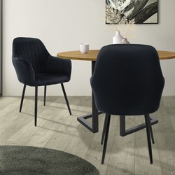 Eetkamerstoelen met rugleuning & armleuning set van 2 zwart met fluwelen bekleding en metalen poten ML design