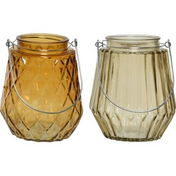 Set van 2x stuks theelichthouders/waxinelichthouders glas cognac en taupe 11 x 13 cm - Waxinelichtjeshouders
