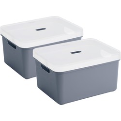 2x Sunware opbergbox/mand 32 liter donkerblauw kunststof met transparante deksel - Opbergbox