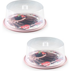 2x stuks ronde taart/gebak bewaardoos transparant 32 x 15 cm met roze bodem - Taartplateaus