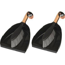 Stoffer en blik set - 2x - zwart - plastic met bamboe - 34 cm - Stoffer en blik