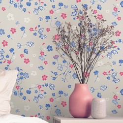 Livingwalls behang bloemmotief beige, blauw, rood en wit - 53 cm x 10,05 m - AS-389073