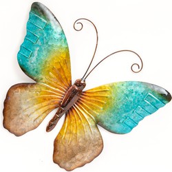 Anna's Collection Wanddecoratie vlinder - blauw - 44 x 32 cm - metaal - muurdecoratie/schutting - Tuinbeelden
