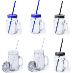 6x stuks drink potjes van glas Mason Jar zilver/blauw/zwart 500 ml - Drinkbekers