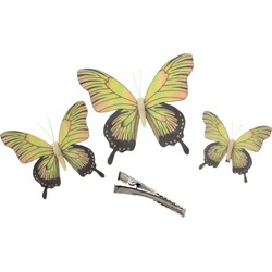 3x stuks Kerst decoratie vlinders op clip - geel - 12/16/20 cm - Feestdecoratievoorwerp
