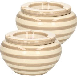 Excellent Houseware Stormasbak gestreept - 2x - beige/wit - Dia 14 cm - keramiek - Asbakken