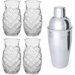 4x Cocktailglazen / Pina Colada glazen transparant 500 ml + Cocktailshaker semi-matte 550 ml RVS - Cocktailglazen