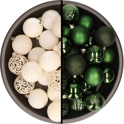 Kerstballen - 74x stuks - wol wit en donkergroen - 6 cm - kunststof - Kerstbal