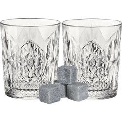 Luxe whiskyglazen set 6x stuks 390 ml met 6x whisky ijsblokstenen - Whiskeyglazen