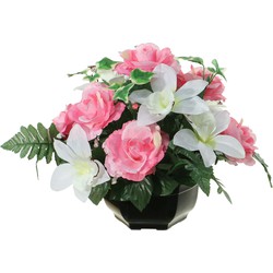 Louis Maes Kunstbloemen plantje in pot - kleuren roze/wit - 25 cm - Bloemstuk ornament - orchidee/rozen met bladgroen - Kunstbloemen